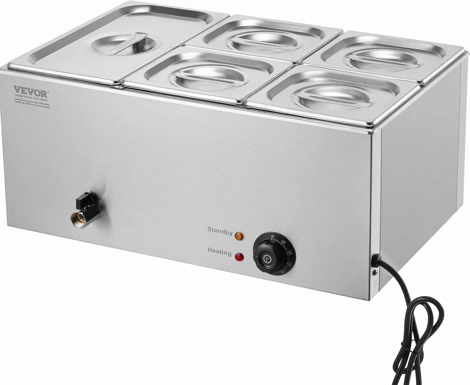 VEVOR 5-Pan Commercial Food Warmer, 15.3QT Electric Steam Table, 1200W Professional Countertop Stainless Steel Buffet Bain Marie with 86-185°F Temp Control for Catering and Restaurants, Silver