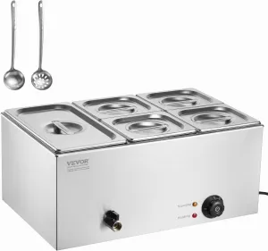 VEVOR 5-Pan Commercial Food Warmer, 15.3QT Electric Steam Table, 1200W Professional Countertop Stainless Steel Buffet Bain Marie with 86-185°F Temp Control for Catering and Restaurants, Silver