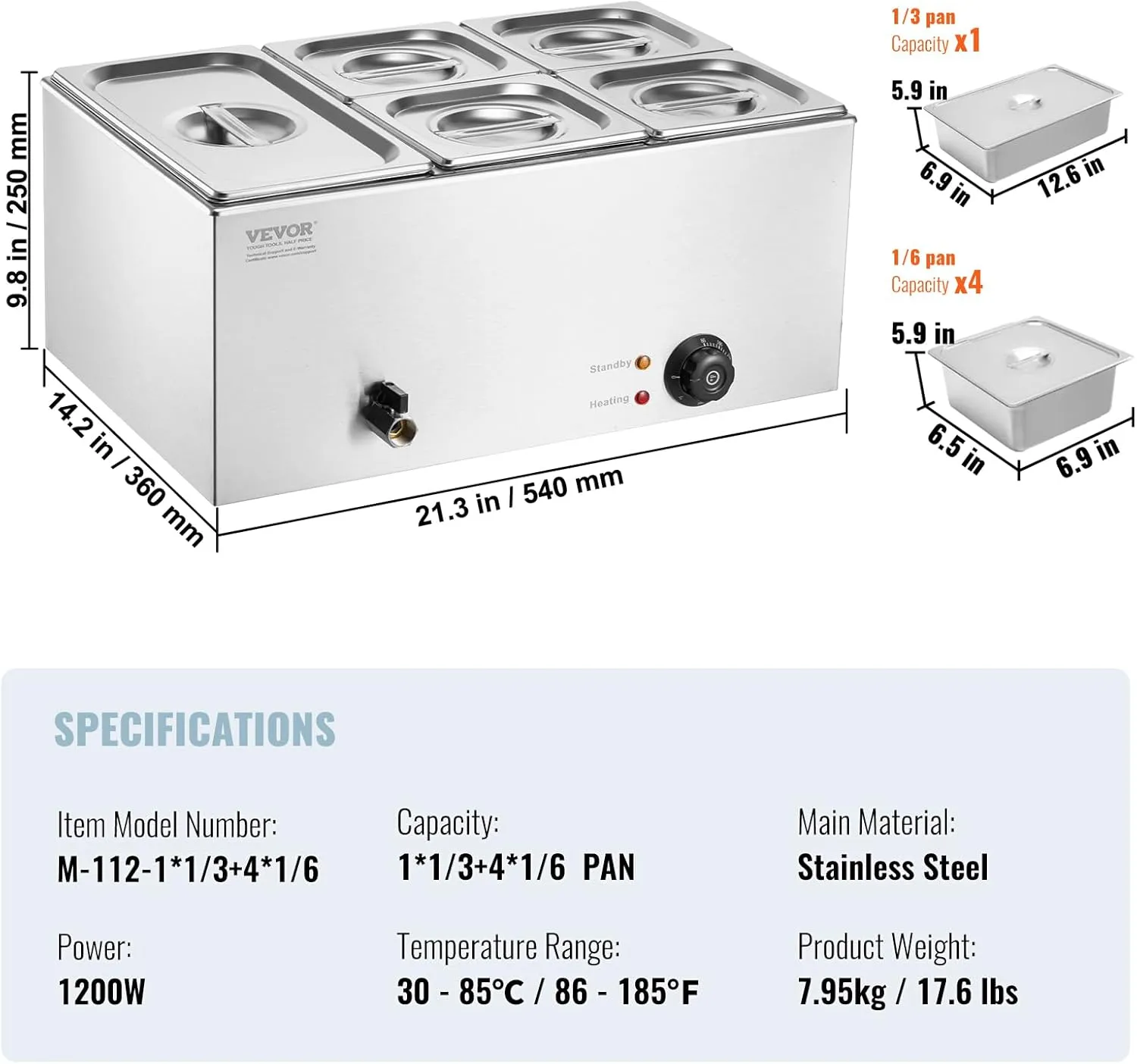 VEVOR 5-Pan Commercial Food Warmer, 15.3QT Electric Steam Table, 1200W Professional Countertop Stainless Steel Buffet Bain Marie with 86-185°F Temp Control for Catering and Restaurants, Silver