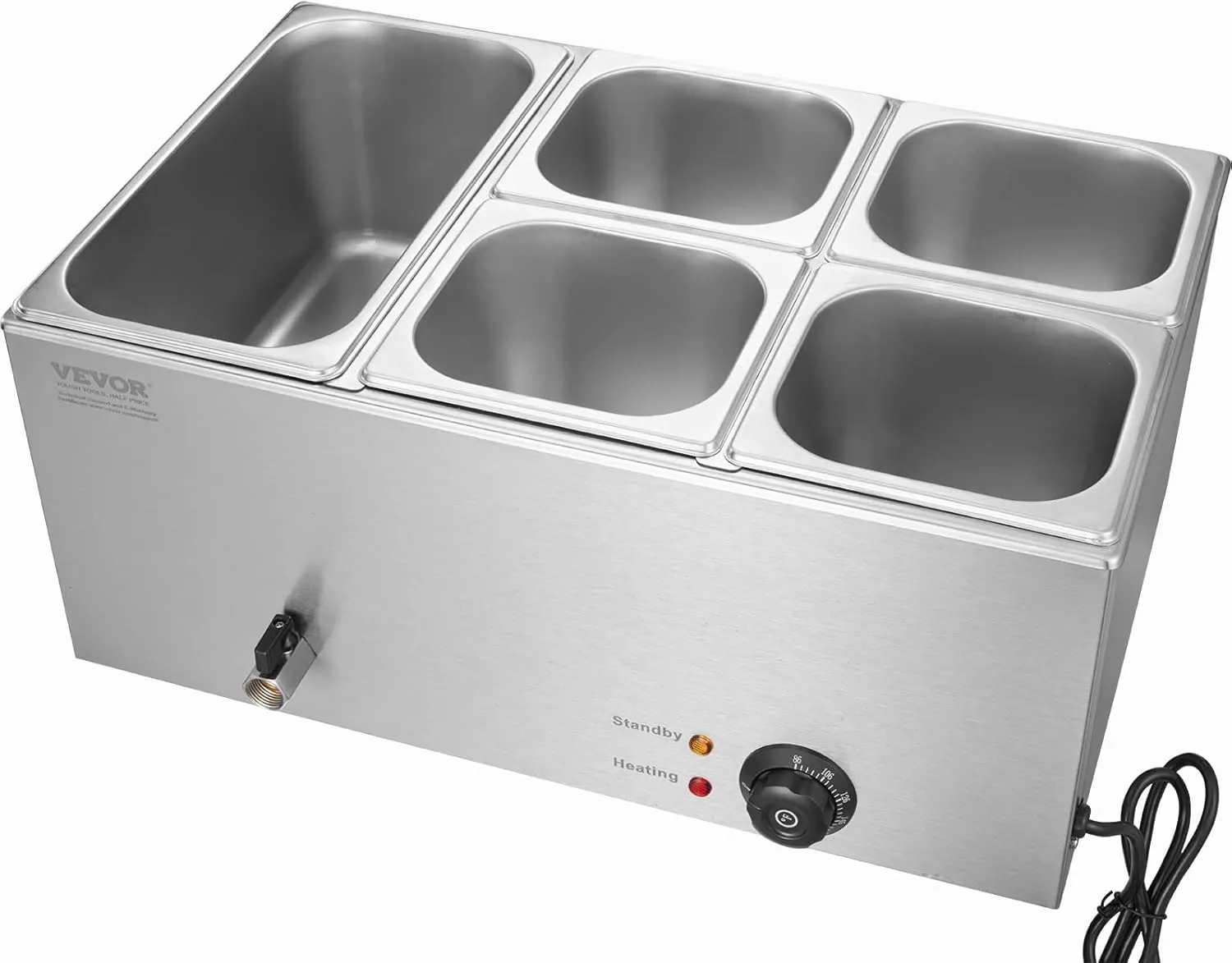 VEVOR 5-Pan Commercial Food Warmer, 15.3QT Electric Steam Table, 1200W Professional Countertop Stainless Steel Buffet Bain Marie with 86-185°F Temp Control for Catering and Restaurants, Silver
