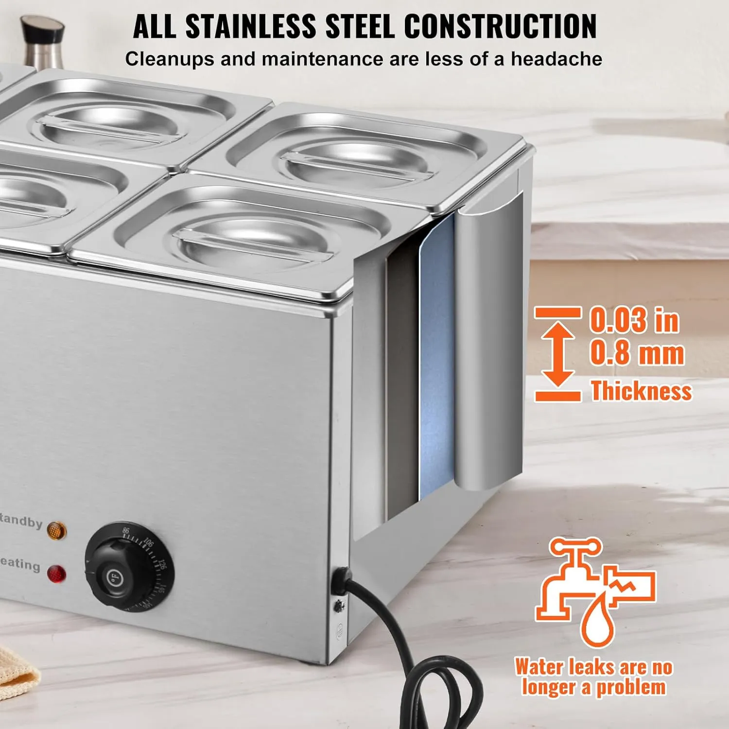 VEVOR 5-Pan Commercial Food Warmer, 15.3QT Electric Steam Table, 1200W Professional Countertop Stainless Steel Buffet Bain Marie with 86-185°F Temp Control for Catering and Restaurants, Silver