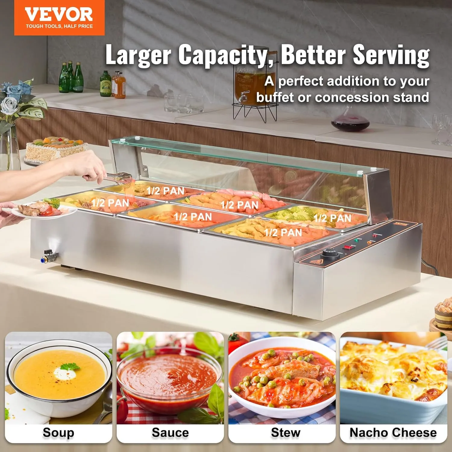 VEVOR 6-Pan Commercial Food Warmer, 6 x 8QT Electric Steam Table with Glass Cover, 1500W Countertop Stainless Steel Buffet Bain Marie 86-185°F Temp Control for Catering, Restaurants, Silver