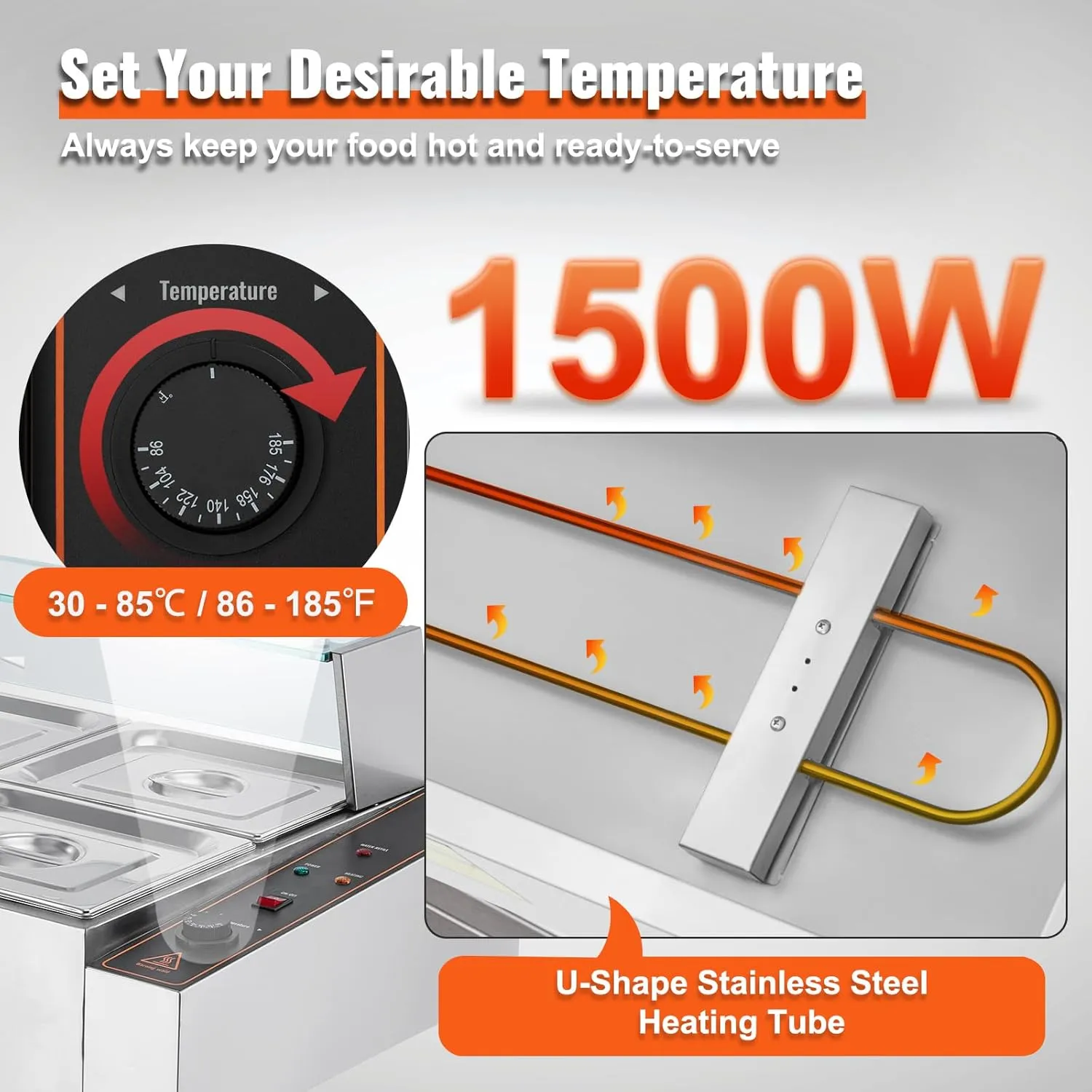 VEVOR 6-Pan Commercial Food Warmer, 6 x 8QT Electric Steam Table with Glass Cover, 1500W Countertop Stainless Steel Buffet Bain Marie 86-185°F Temp Control for Catering, Restaurants, Silver