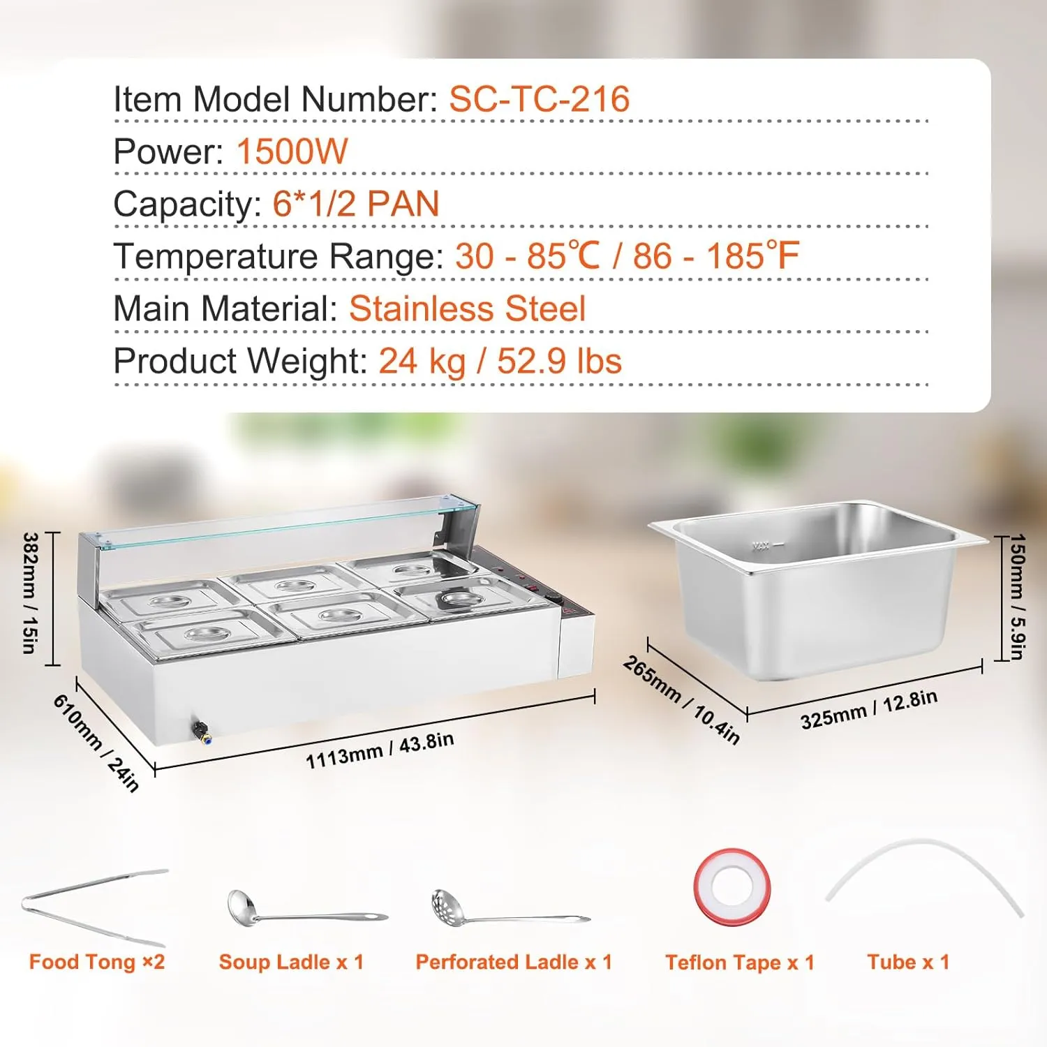 VEVOR 6-Pan Commercial Food Warmer, 6 x 8QT Electric Steam Table with Glass Cover, 1500W Countertop Stainless Steel Buffet Bain Marie 86-185°F Temp Control for Catering, Restaurants, Silver