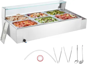 VEVOR 6-Pan Commercial Food Warmer, 6 x 8QT Electric Steam Table with Glass Cover, 1500W Countertop Stainless Steel Buffet Bain Marie 86-185°F Temp Control for Catering, Restaurants, Silver