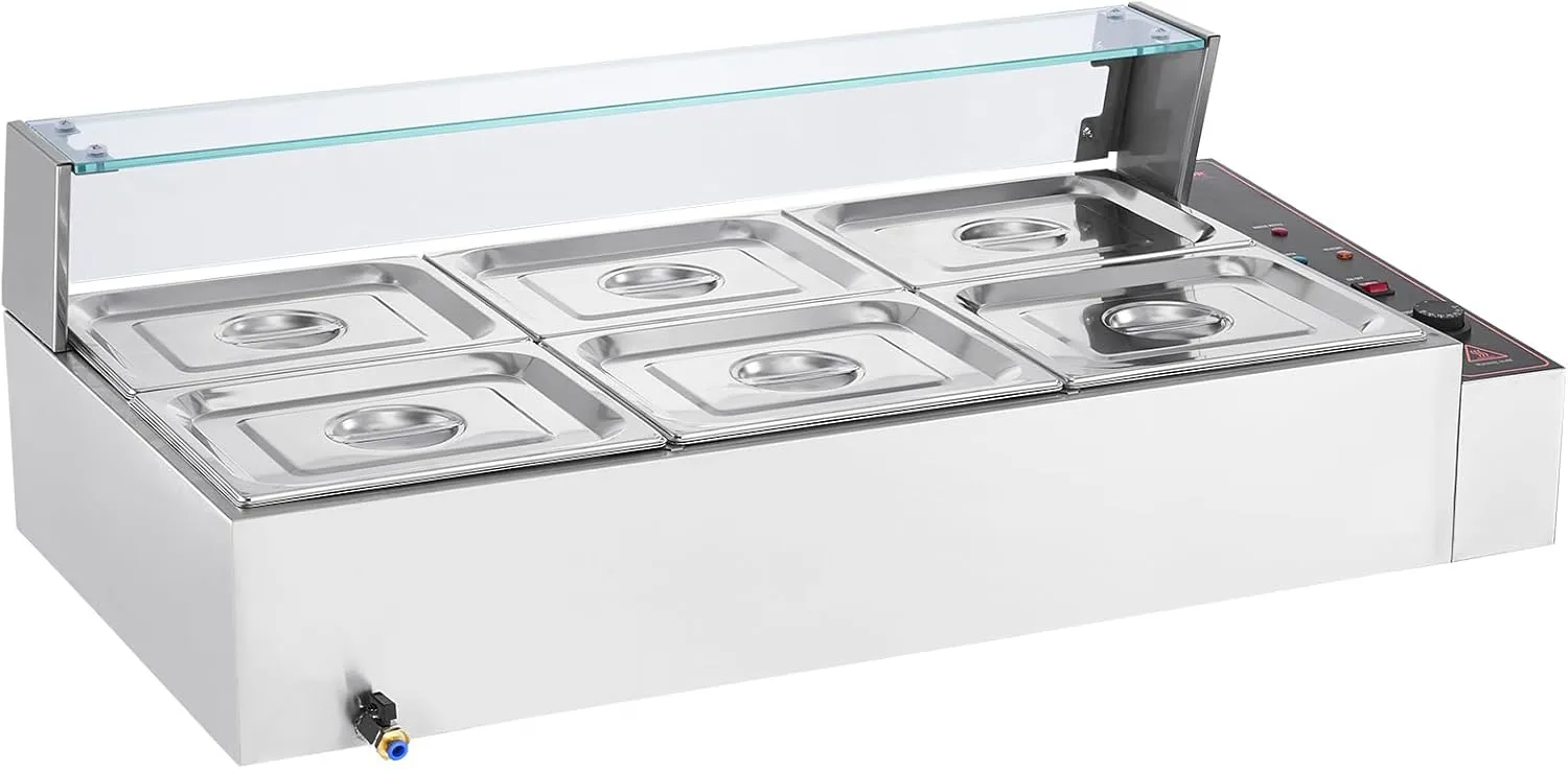 VEVOR 6-Pan Commercial Food Warmer, 6 x 8QT Electric Steam Table with Glass Cover, 1500W Countertop Stainless Steel Buffet Bain Marie 86-185°F Temp Control for Catering, Restaurants, Silver