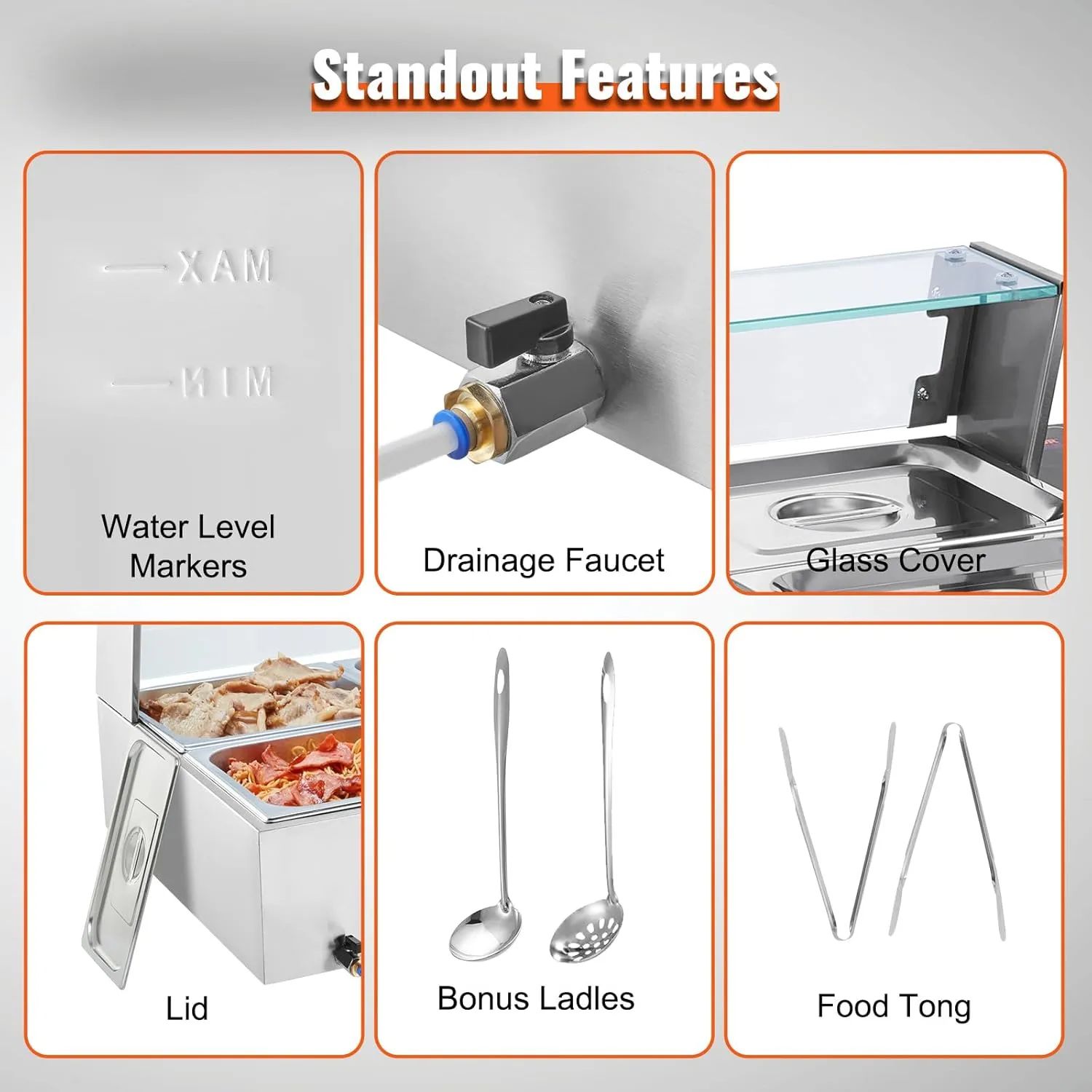 VEVOR 6-Pan Commercial Food Warmer, 6 x 8QT Electric Steam Table with Glass Cover, 1500W Countertop Stainless Steel Buffet Bain Marie 86-185°F Temp Control for Catering, Restaurants, Silver