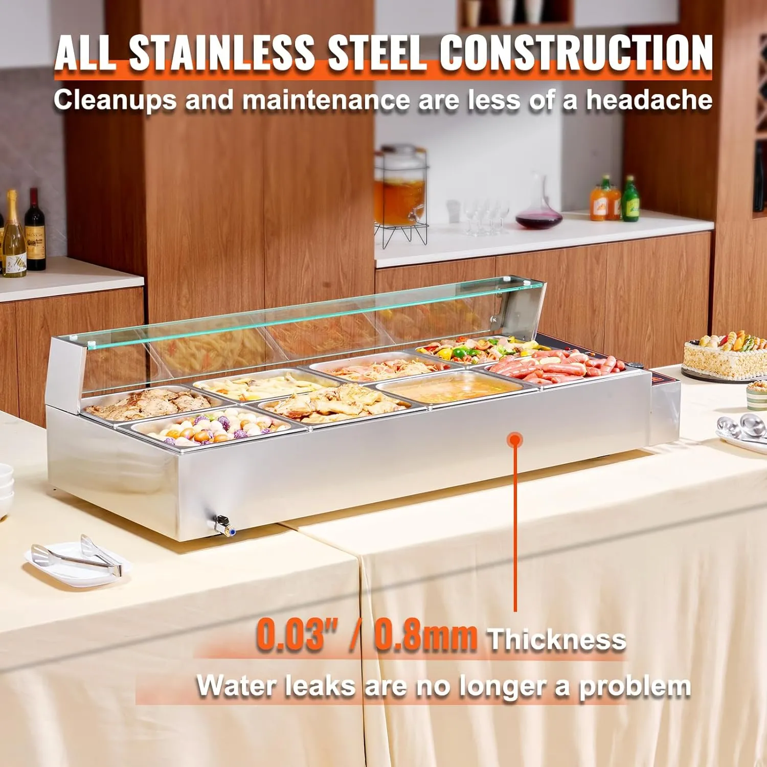 VEVOR 8-Pan Commercial Food Warmer, 8 x 12QT Electric Steam Table with Glass Cover, 1700W Countertop Stainless Steel Buffet Bain Marie 86-185°F Temp Control for Catering, Restaurants, Silver