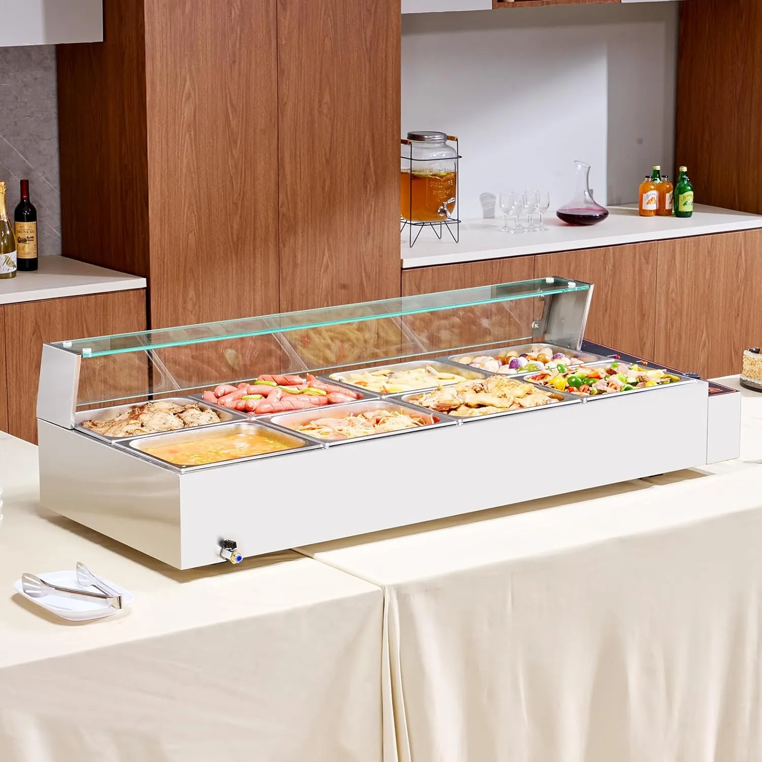 VEVOR 8-Pan Commercial Food Warmer, 8 x 12QT Electric Steam Table with Glass Cover, 1700W Countertop Stainless Steel Buffet Bain Marie 86-185°F Temp Control for Catering, Restaurants, Silver