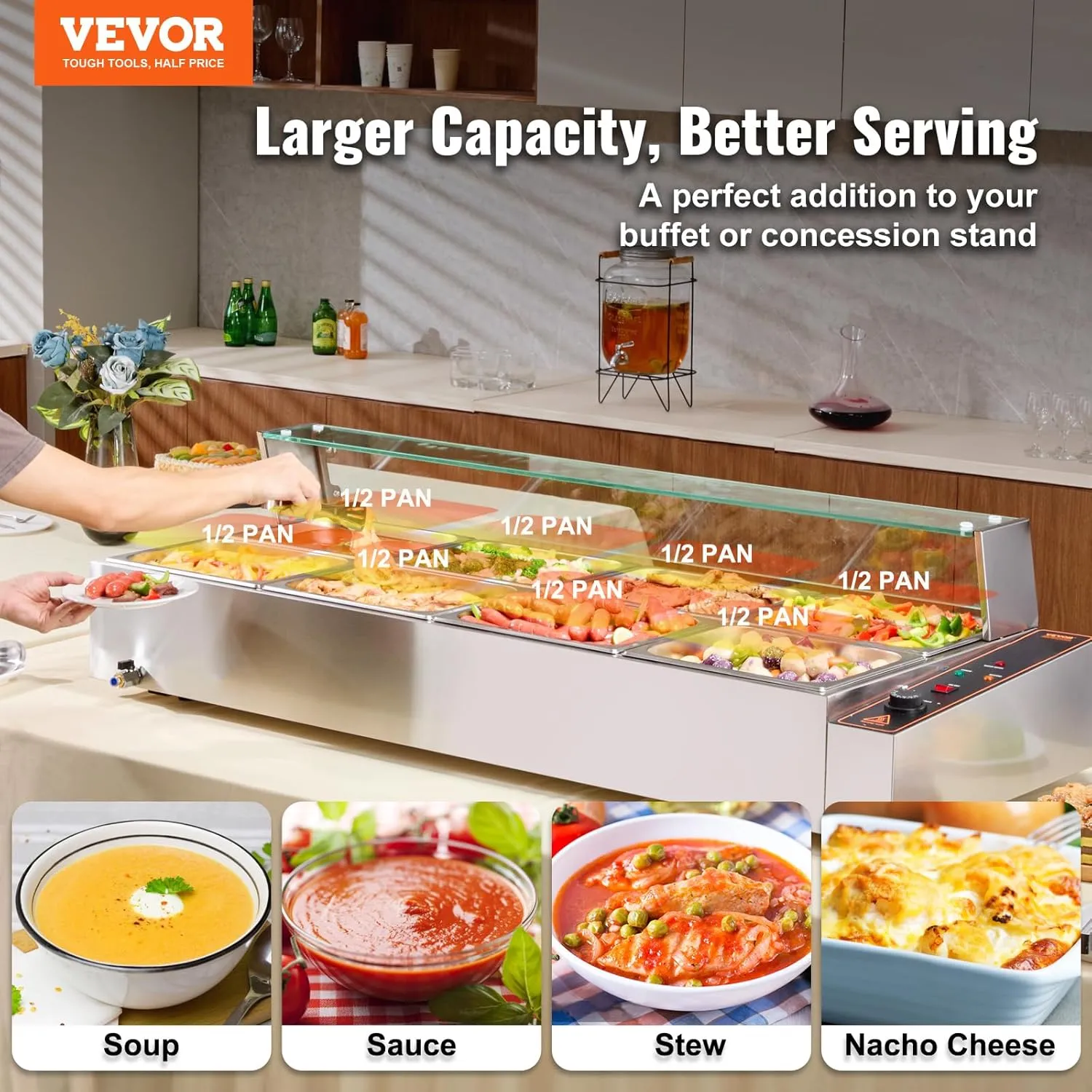 VEVOR 8-Pan Commercial Food Warmer, 8 x 12QT Electric Steam Table with Glass Cover, 1700W Countertop Stainless Steel Buffet Bain Marie 86-185°F Temp Control for Catering, Restaurants, Silver