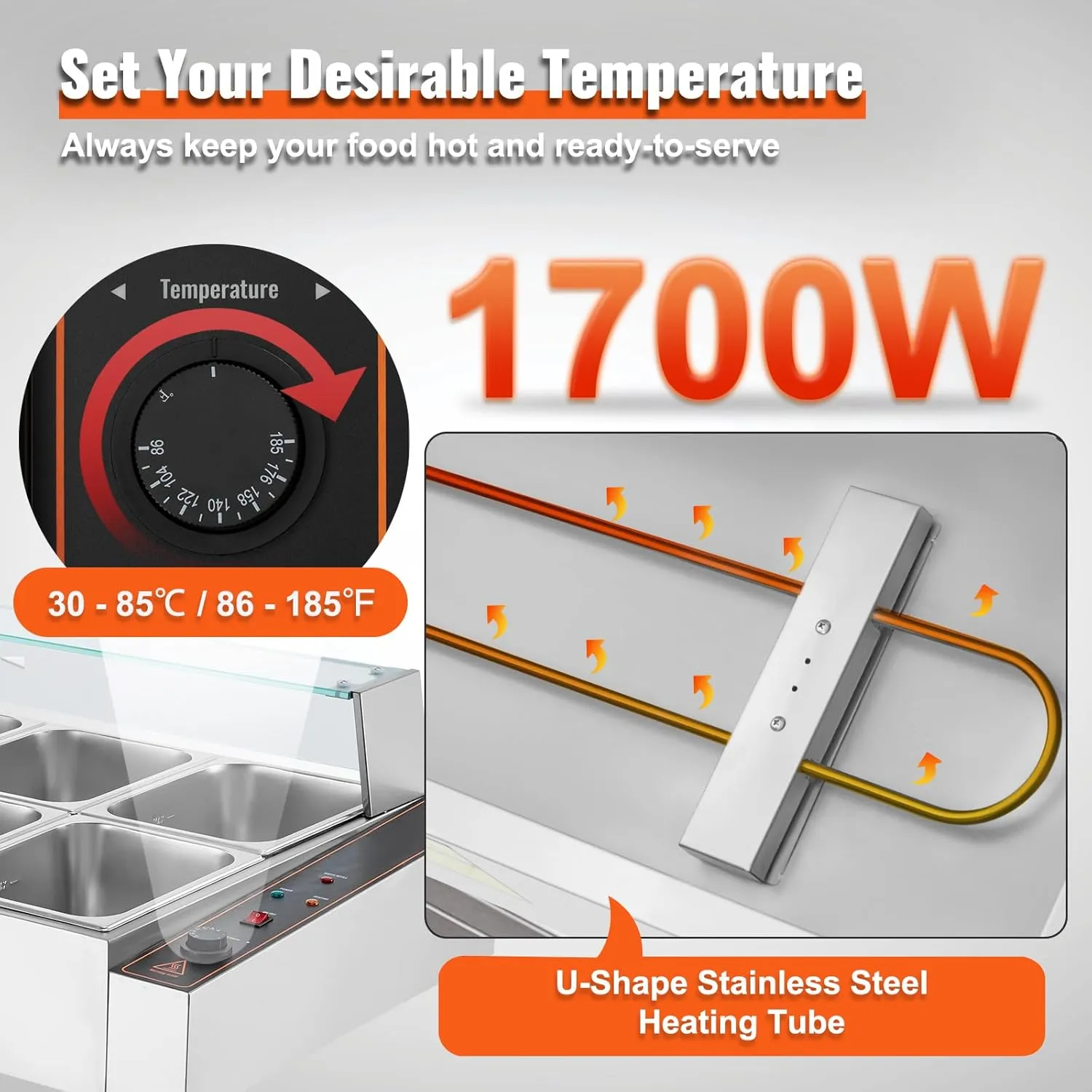 VEVOR 8-Pan Commercial Food Warmer, 8 x 12QT Electric Steam Table with Glass Cover, 1700W Countertop Stainless Steel Buffet Bain Marie 86-185°F Temp Control for Catering, Restaurants, Silver