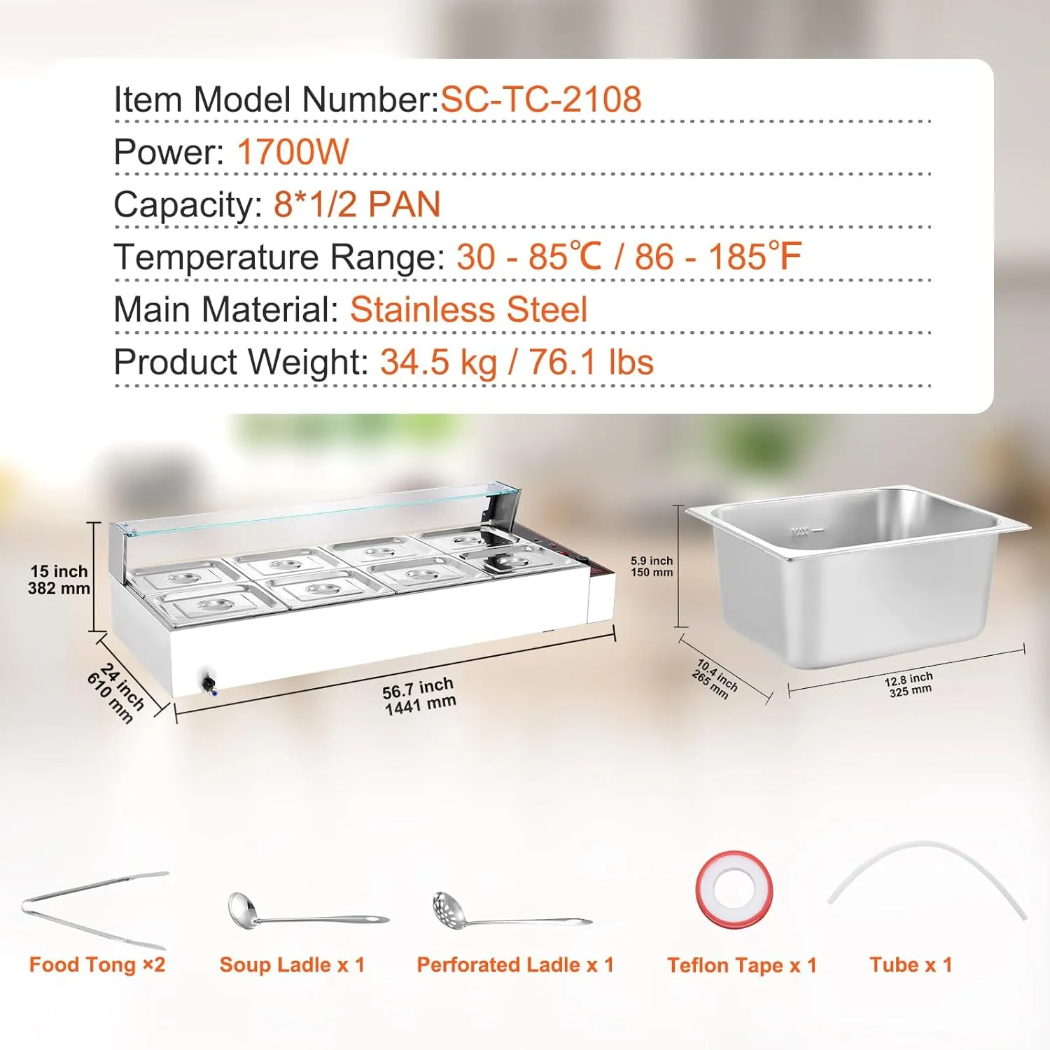 VEVOR 8-Pan Commercial Food Warmer, 8 x 12QT Electric Steam Table with Glass Cover, 1700W Countertop Stainless Steel Buffet Bain Marie 86-185°F Temp Control for Catering, Restaurants, Silver
