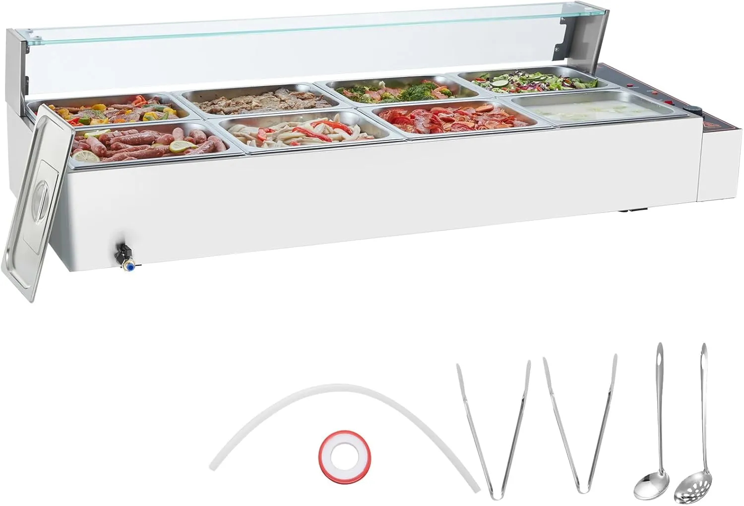 VEVOR 8-Pan Commercial Food Warmer, 8 x 12QT Electric Steam Table with Glass Cover, 1700W Countertop Stainless Steel Buffet Bain Marie 86-185°F Temp Control for Catering, Restaurants, Silver
