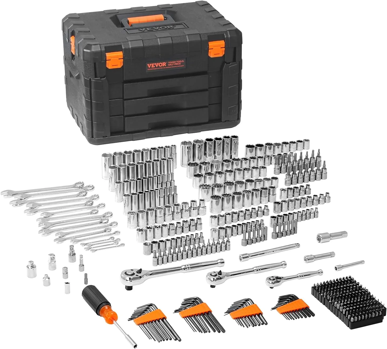 VEVOR Mechanics Tool Set and Socket Set, 1/4" 3/8" 1/2" Drive Deep and Standard Sockets, 450 Pcs SAE and Metric Mechanic Tool Kit with Bits, Combination Wrench, Hex Wrenches, Accessories, Storage Case