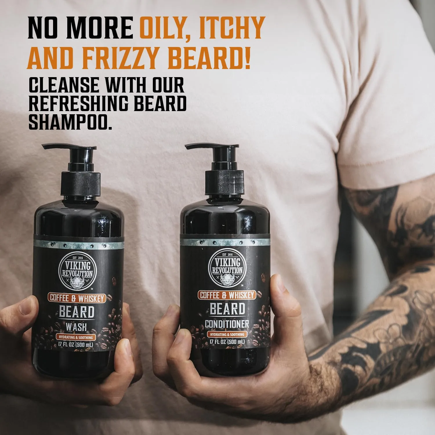 Viking Revolution Coffee Whiskey Beard Wash and Beard Conditioner Set with Argan and Jojoba Oils - Softens and Strengthens - Coffee Whiskey Scent - Beard Shampoo with Ginseng Root Extract (17 oz)
