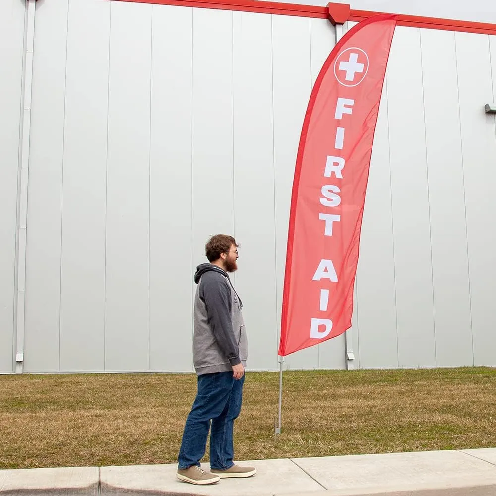 Vispronet Premium First Aid Feather Flag Kit - Includes 13ft Sectional Aviation Grade Fiberglass Poles, First Aid Flag, Cross Base, Ground Stake, and Pole Sleeve Bag…