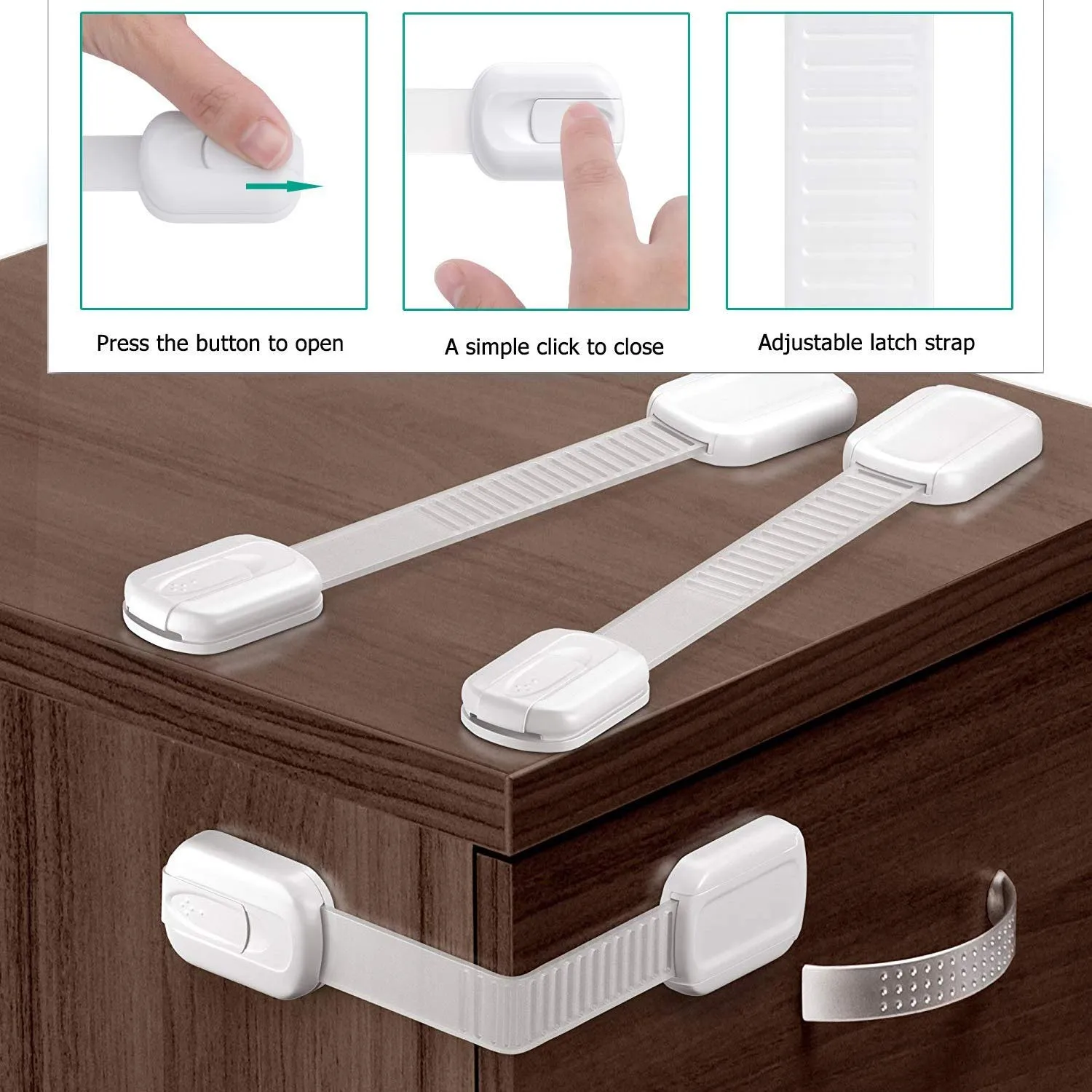 Vmaisi Baby Proofing Cabinet Locks - Childproofing Adjustable Multi Use Straps Latches for Drawers, Fridge, Dishwasher, Toilet Seat, Cupboard, Closet, Oven,Trash Can, Adhesive No Drilling (White) (20)