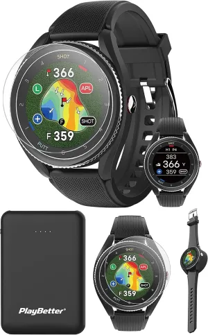 Voice Caddie T9 (Black) GPS Golf Watch - Color Touchscreen, Green Undulation & Slope - Shot & Putt Tracking for Perfect Scoring - Power Bundle   T9 Screen Protectors (x4) & PlayBetter Portable Charger