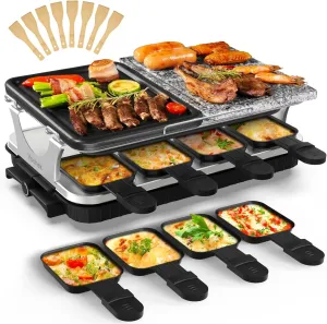 Voohek Korean BBQ Grill Raclette Grill Indoor Grills Electric Smokeless Electric Grill 2 in 1 Nonstick Grilling Plate & Cooking Stone Adjustable Temperature 8 Raclette Pans 8 Wooden Spatulas 1300W