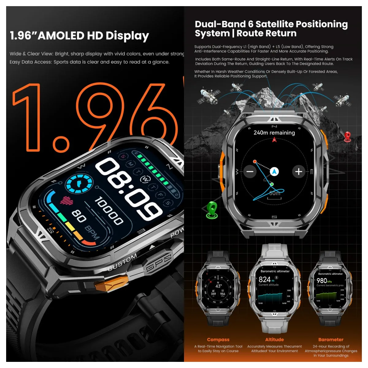 VWAR Apex GPS Smart Watch for Men 5ATM Deep Waterproof with GPS Compass Barometer Altimeter
