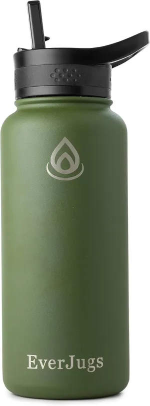 Water Bottle - 32 Oz, Wide Mouth, Premium Stainless Steel Bottle with Straw Lid, Double Walled Vacuum Insulated, Thermo Mug, Metal Flask, Leak Proof, Eco-Friendly
