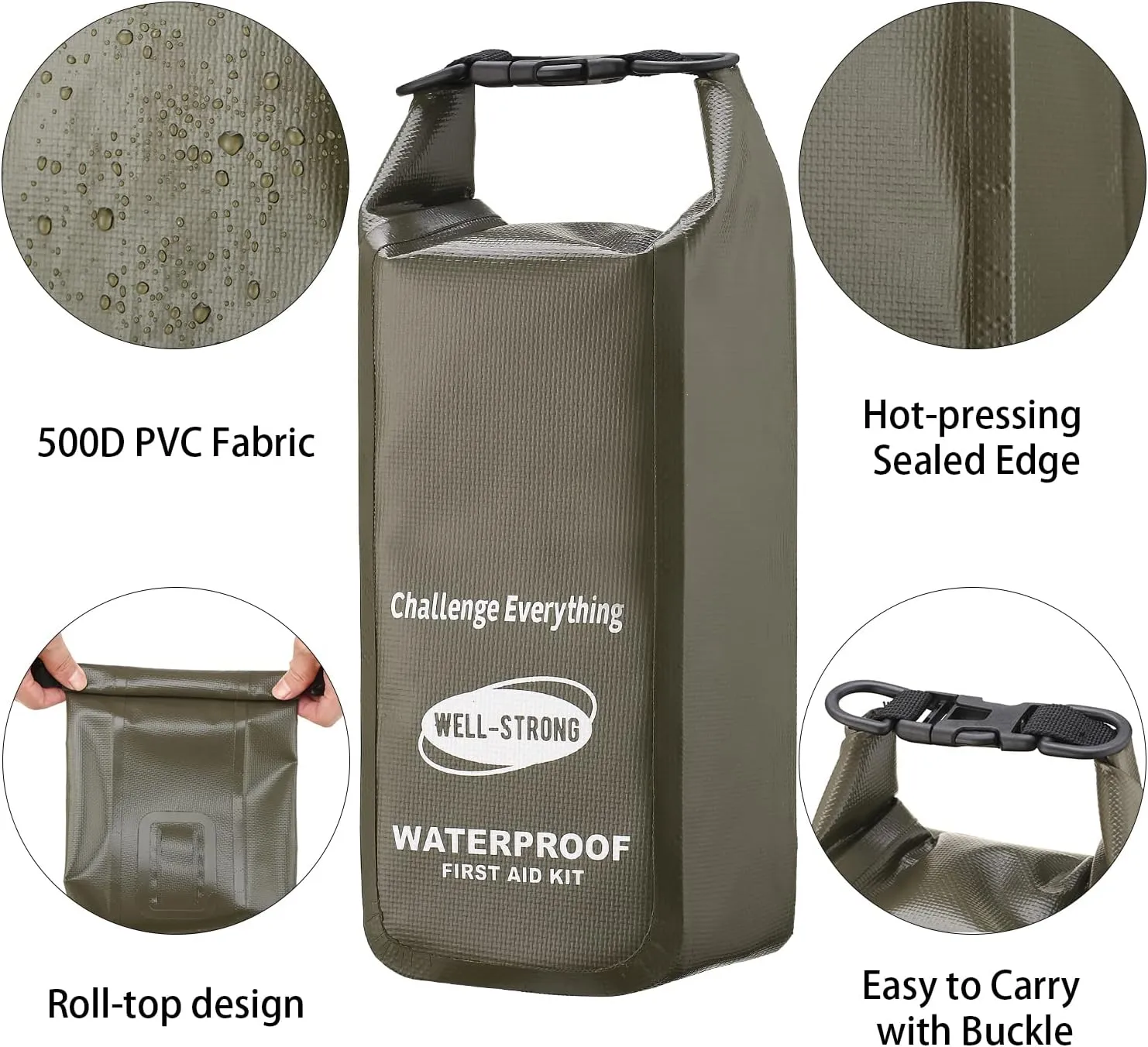 Waterproof First Aid Kit Roll Top Boat Emergency Kit with Waterproof Contents for Fishing Kayaking Boating Swimming Camping Rafting Beach Green