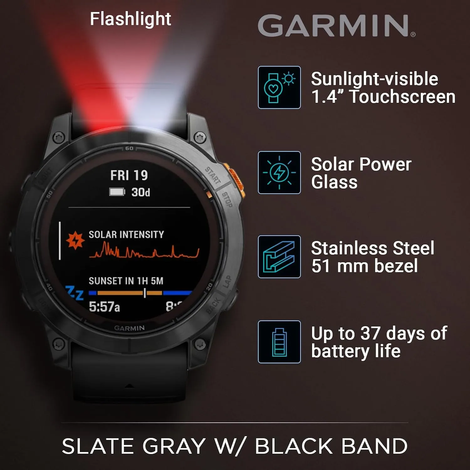 Wearable4U Garmin Fenix 7X Pro – Solar Edition 51 mm: Sunlight-Visible Display Up to 37 Days Battery Life, Multisport & Outdoor High-Performance Multi-Band GPS Smart Watch w/Flashlights Gift Bundle
