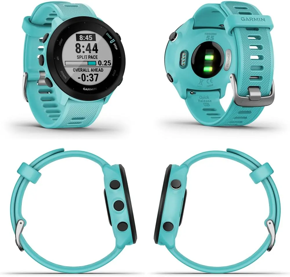 Wearable4U Garmin Forerunner 55 GPS Running 42 mm Watch with Daily Suggested Workouts, Aqua White Earbuds Power Bundle
