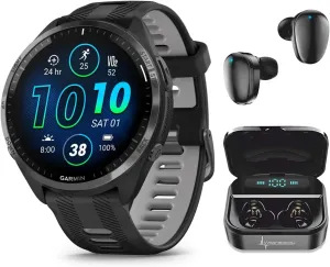 Wearable4U - Garmin Forerunner 965 Premium GPS Running and Triathlon 47mm Smartwatch with AMOLED Touchscreen Display, Carbon Gray DLC Titanium Bezel with Black Silicone Band with Black Earbuds.