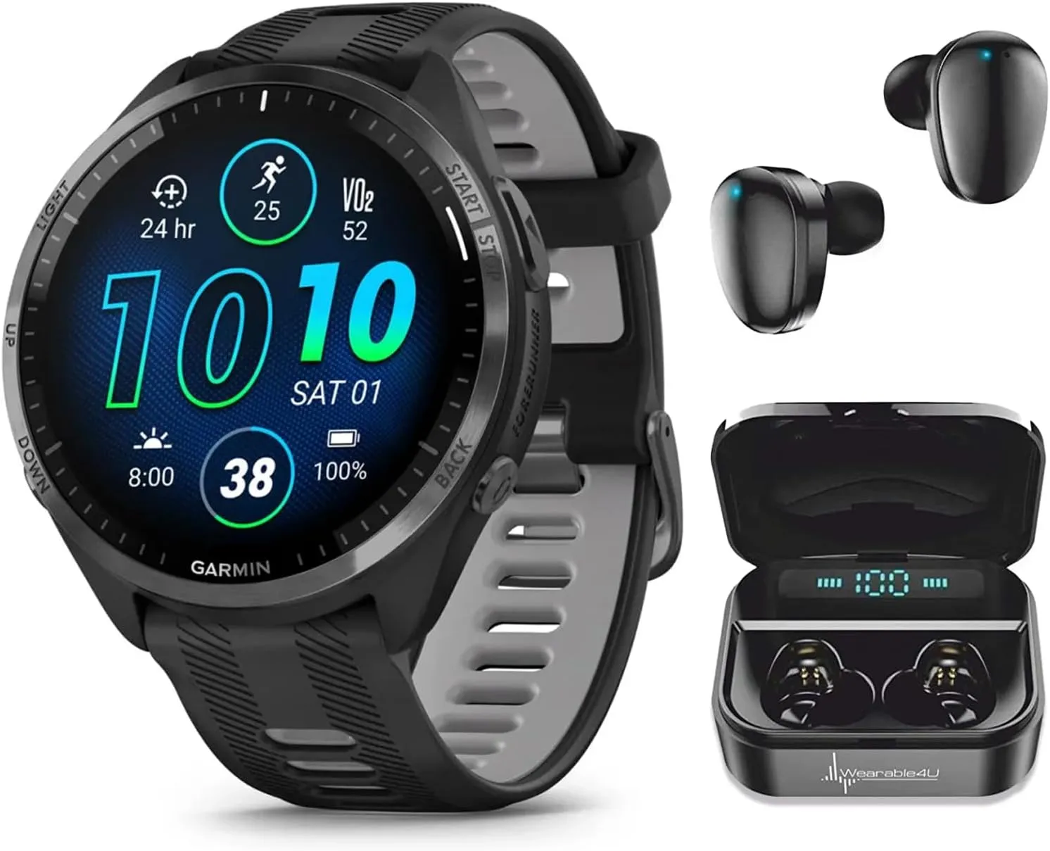 Wearable4U - Garmin Forerunner 965 Premium GPS Running and Triathlon 47mm Smartwatch with AMOLED Touchscreen Display, Carbon Gray DLC Titanium Bezel with Black Silicone Band with Black Earbuds.