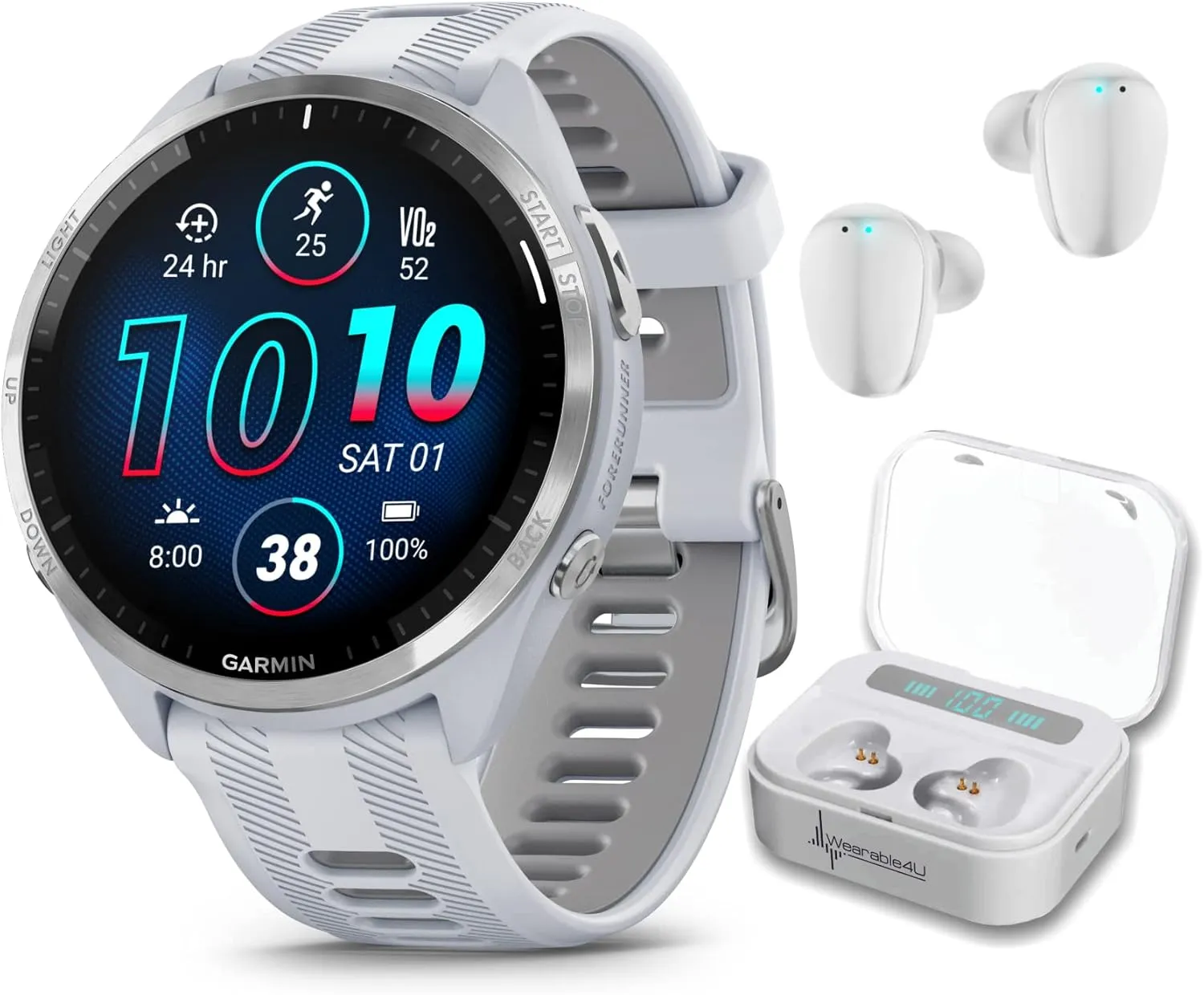 Wearable4U - Garmin Forerunner 965 Premium GPS Running and Triathlon 47mm Smartwatch with AMOLED Touchscreen Display, Titanium Bezel with Whitestone Silicone Band with White Earbuds Bundle