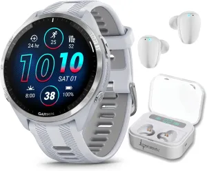 Wearable4U - Garmin Forerunner 965 Premium GPS Running and Triathlon 47mm Smartwatch with AMOLED Touchscreen Display, Titanium Bezel with Whitestone Silicone Band with White Earbuds Bundle