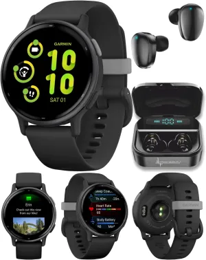 Wearable4U - Garmin Vivoactive 5 Health and Fitness GPS Smartwatch, 1.2 in AMOLED Display, Up to 11 Days of Battery, Slate Aluminim Bezel with Black Case and Silicone Band with Black Earbuds Bundle
