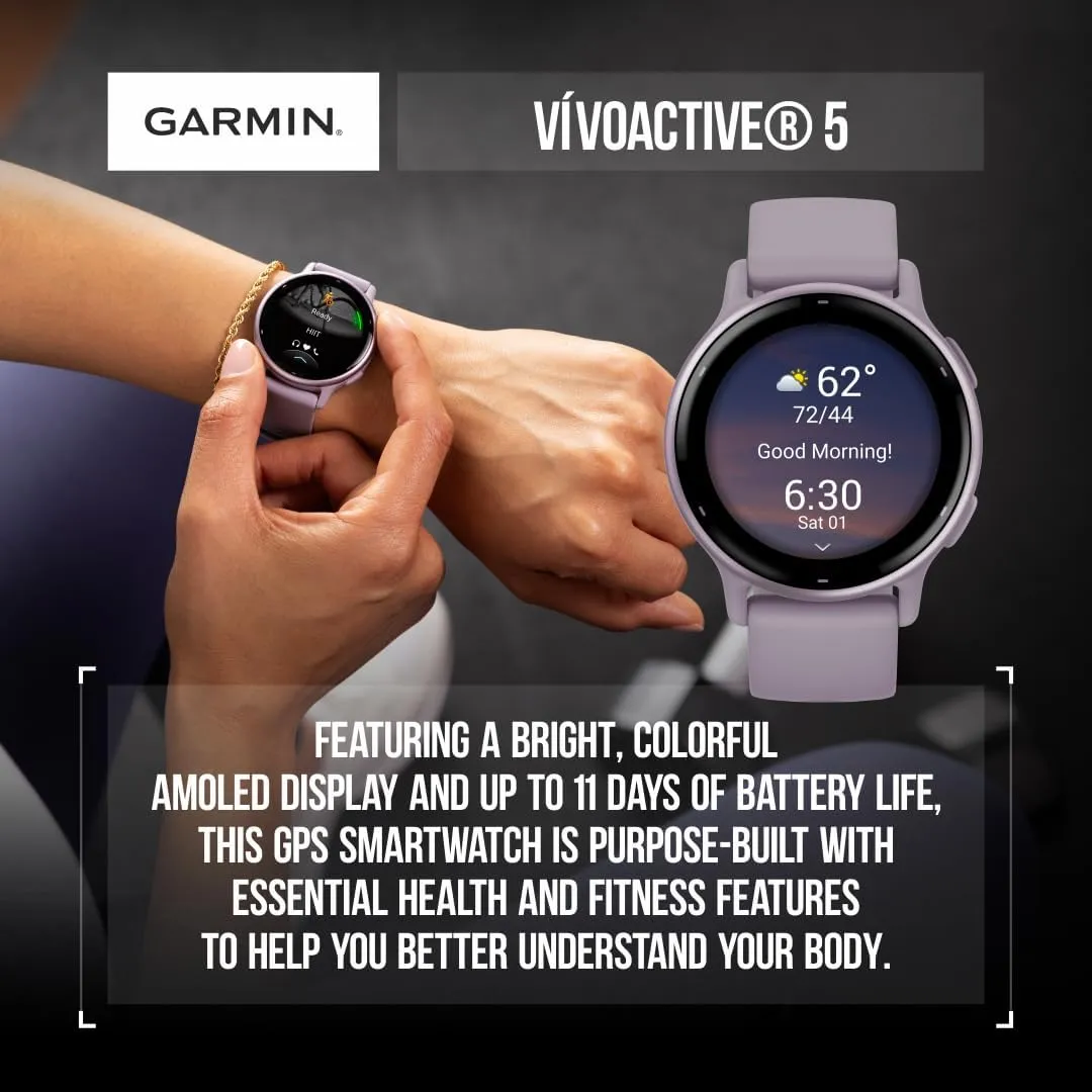Wearable4U - Garmin Vivoactive 5 Health and Fitness GPS Smartwatch, 1.2 in AMOLED Display, Up to 11 Days of Battery, Slate Aluminim Bezel with Black Case and Silicone Band with Black Earbuds Bundle