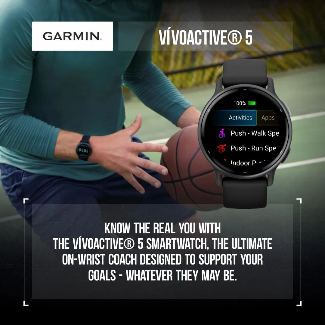Wearable4U - Garmin Vivoactive 5 Health and Fitness GPS Smartwatch, 1.2 in AMOLED Display, Up to 11 Days of Battery, Slate Aluminim Bezel with Black Case and Silicone Band with Black Earbuds Bundle