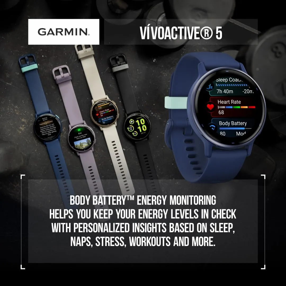 Wearable4U - Garmin Vivoactive 5 Health and Fitness GPS Smartwatch, 1.2 in AMOLED Display, Up to 11 Days of Battery, Slate Aluminim Bezel with Black Case and Silicone Band with Black Earbuds Bundle