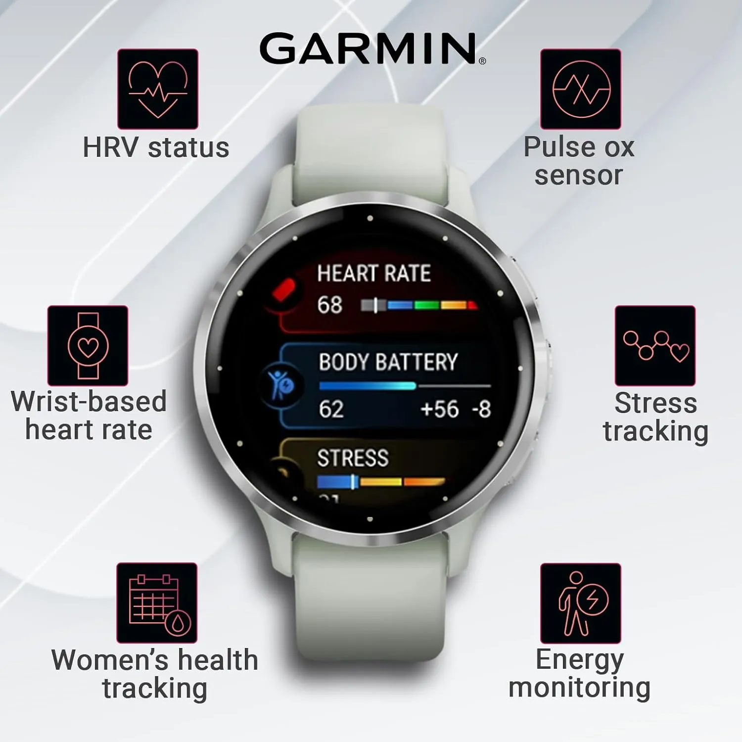 Wearable4U Wearable4 - Garmin Venu 3S GPS Smartwatch, AMOLED Display 41 mm Watch, Health and Fitness Features, Up to 10 Days of Battery, Sleep Coach, Sage Gray with White Earbuds Bundle