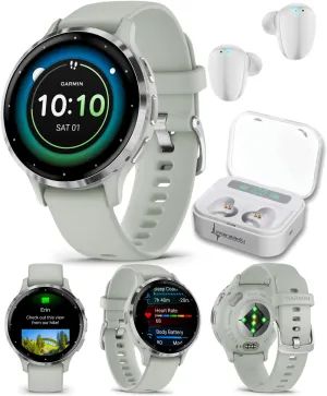 Wearable4U Wearable4 - Garmin Venu 3S GPS Smartwatch, AMOLED Display 41 mm Watch, Health and Fitness Features, Up to 10 Days of Battery, Sleep Coach, Sage Gray with White Earbuds Bundle