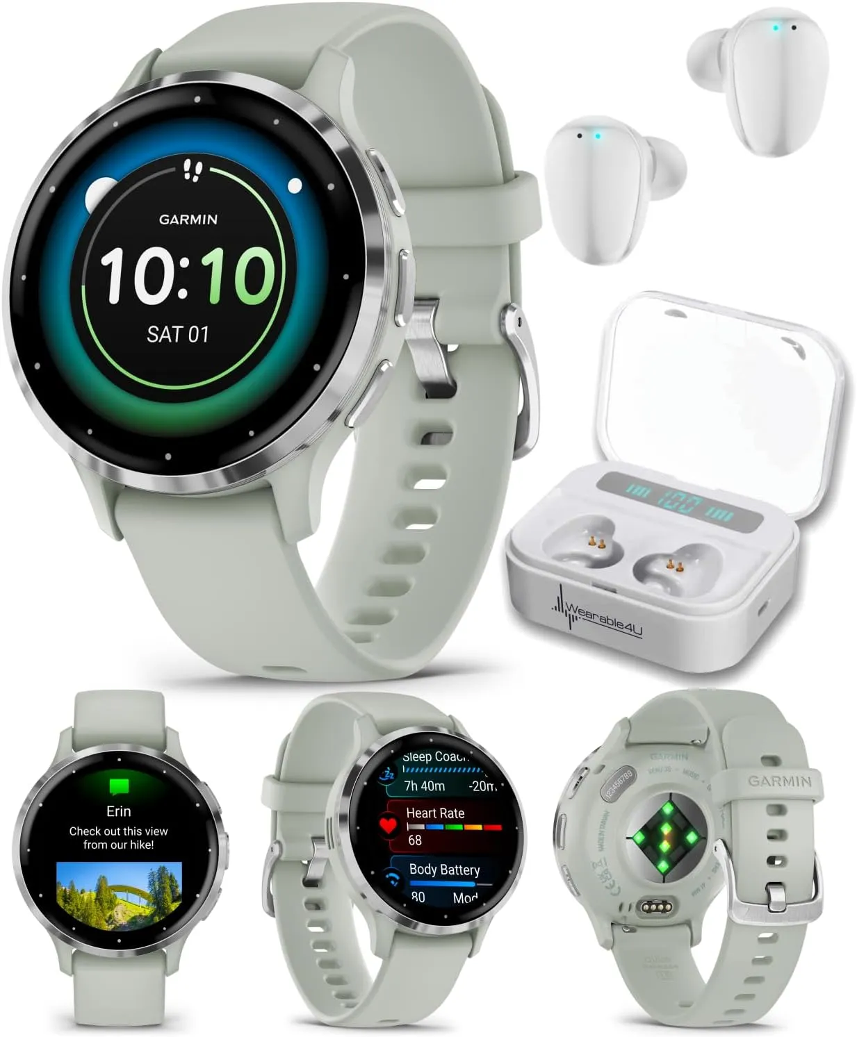 Wearable4U Wearable4 - Garmin Venu 3S GPS Smartwatch, AMOLED Display 41 mm Watch, Health and Fitness Features, Up to 10 Days of Battery, Sleep Coach, Sage Gray with White Earbuds Bundle