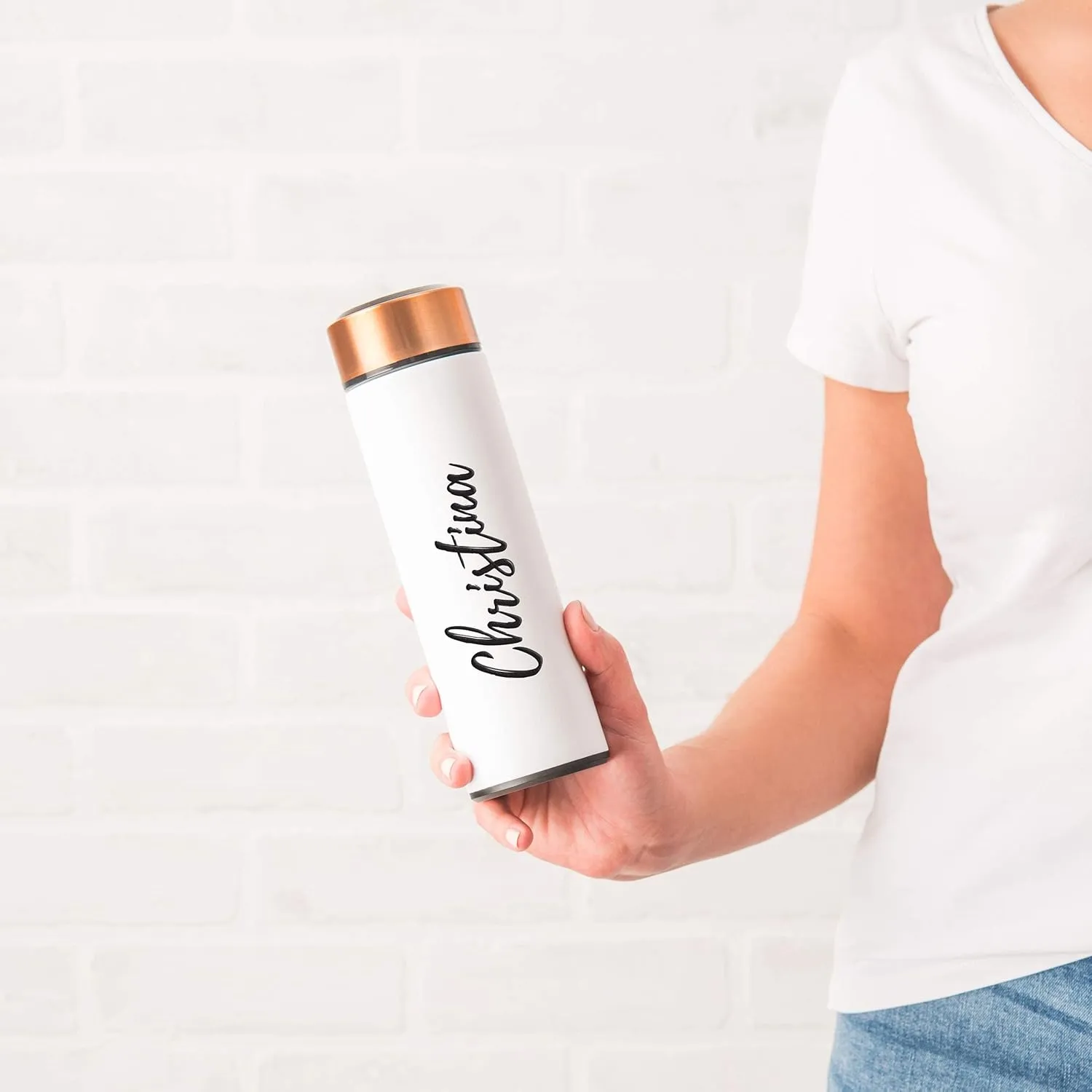 Weddingstar Personalized Stainless Steel Cylinder Travel Bottle 16oz, White, Calligraphy - Insulated Double Wall with Lid, 100% BPA Free