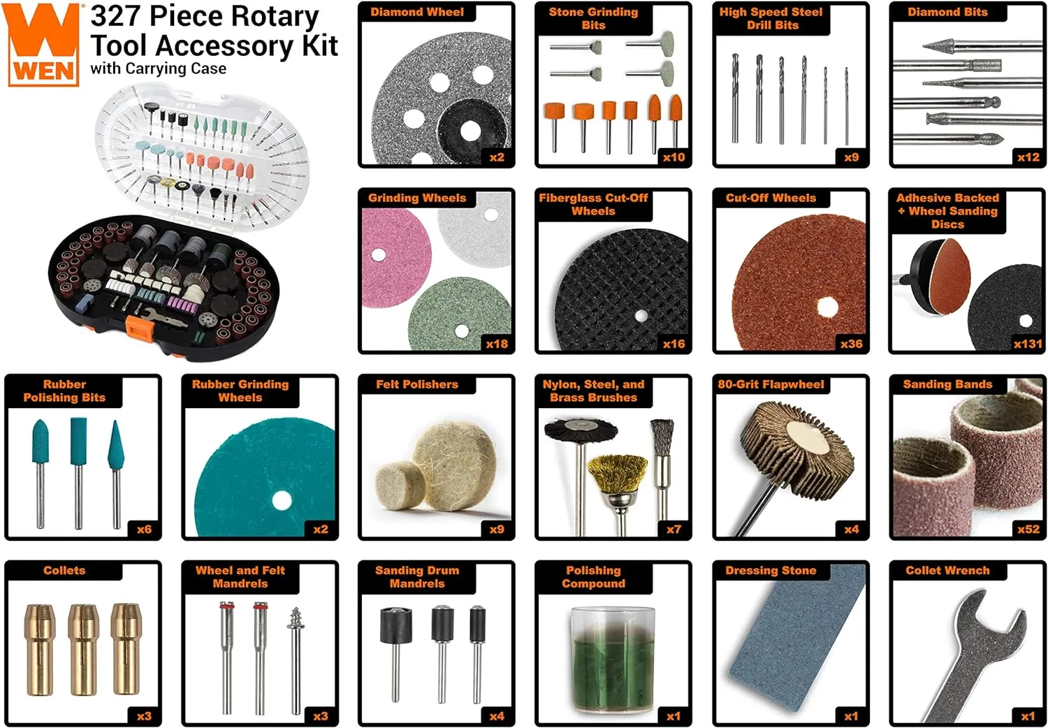 WEN 230327A 327-Piece Rotary Tool Accessory Kit with Carrying Case