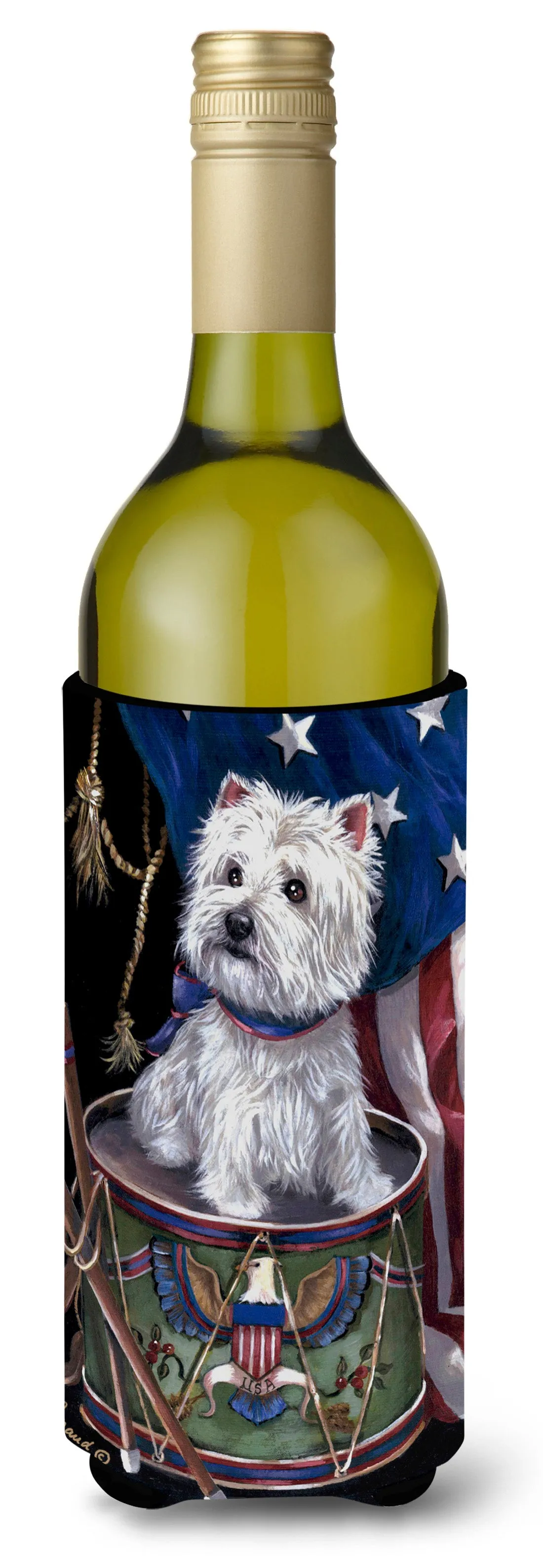 Westie Little Drummer Boy USA Wine Bottle Hugger PPP3129LITERK