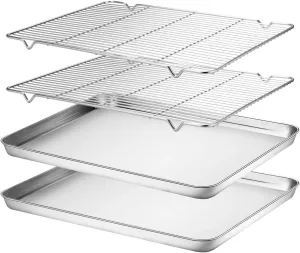 Wildone Baking Sheet & Rack Set [2 Sheets   2 Racks], Stainless Steel Cookie Pan with Cooling Rack, Size 17.3 x 12.2 x 1 Inch, Non Toxic & Heavy Duty & Easy Clean