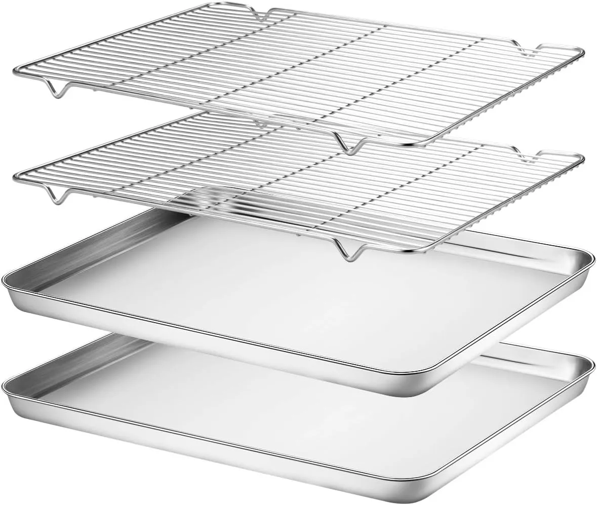 Wildone Baking Sheet & Rack Set [2 Sheets   2 Racks], Stainless Steel Cookie Pan with Cooling Rack, Size 17.3 x 12.2 x 1 Inch, Non Toxic & Heavy Duty & Easy Clean