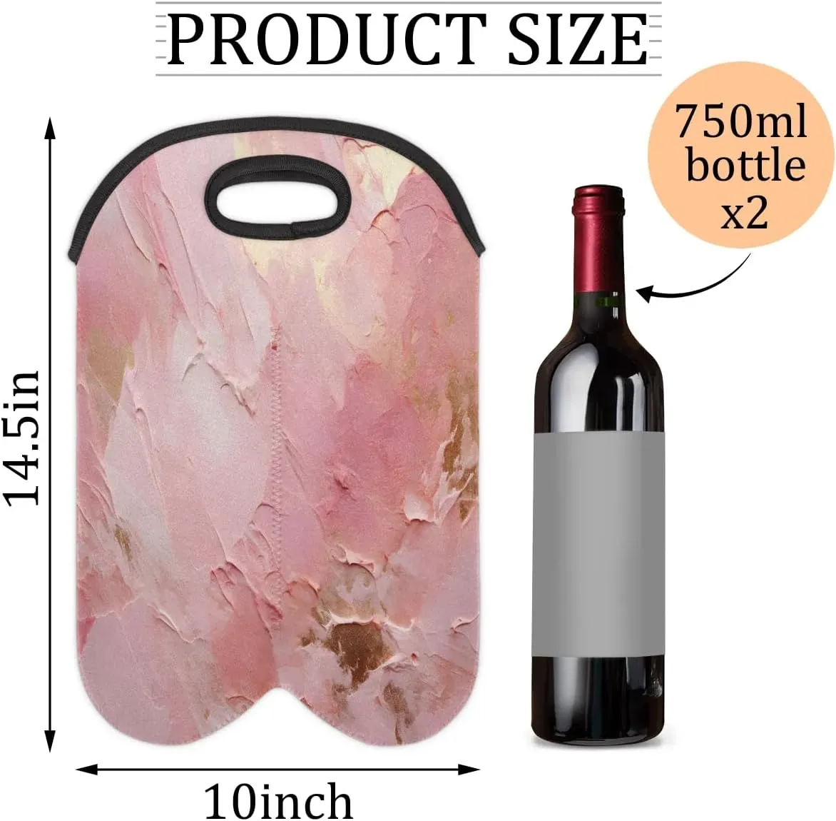 Wine Carrier Tote Bag for 2 Bottles Uneven Pink Wall Insulated Wine Cooler Bag Neoprene Wine Holder Tote Hand Bag with Carry Handle Leakproof Housewarming Wine Protective Bag