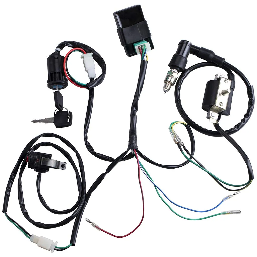 Wiring Loom Harness Kill Switch Ignition Coil Cdi Box Spark Plug Rebuild Kit for Kick Start Dirt Pit Bike ATV 50CC 70CC 90CC 110CC-160cc Buggy Go Kart Wire Harness