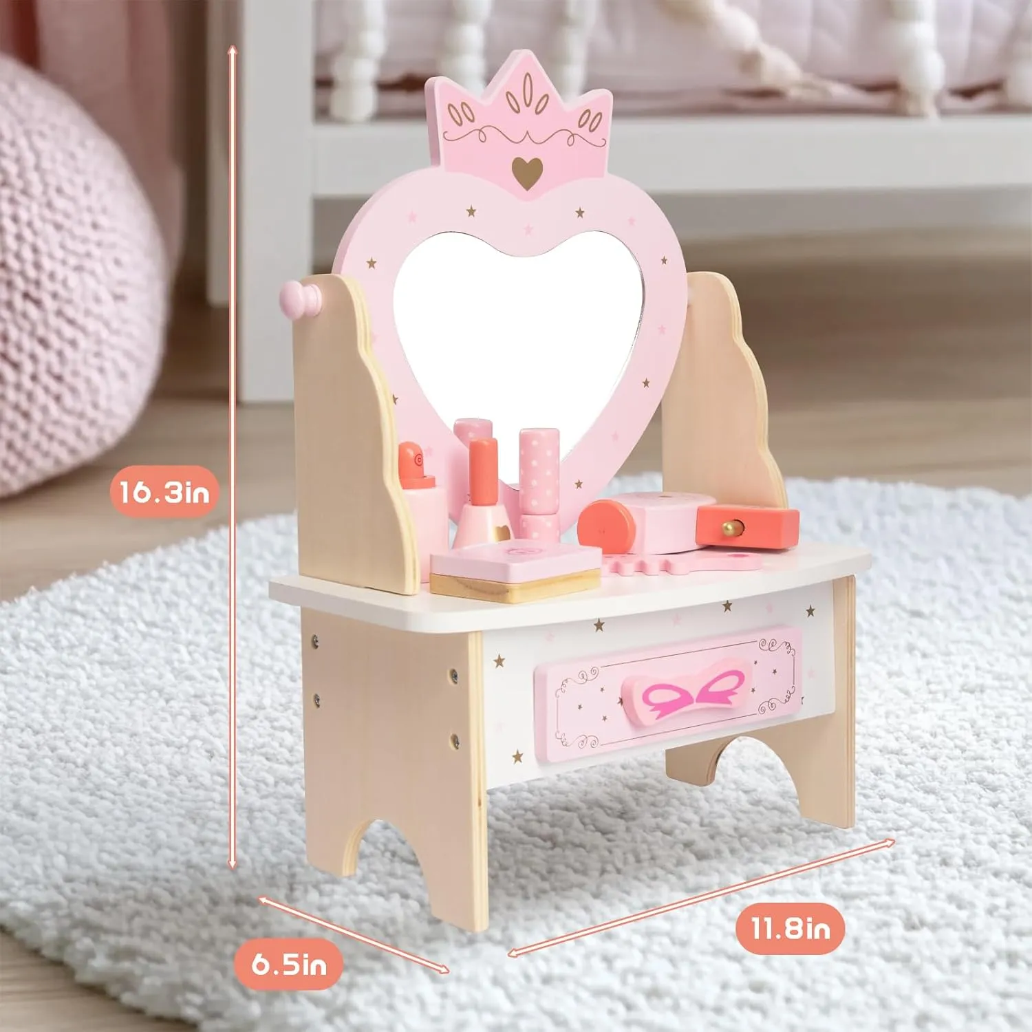 Wooden Vanity Set for Kids, Pretend Play Toddler Makeup Vanity Table Toys with 360° Rotatable Mirror, Beauty Salon Set Includes Makeup Accessories, Little Girls Gift Age 3  (Pink)