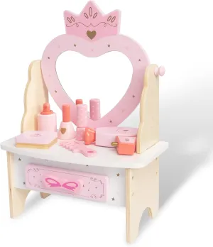 Wooden Vanity Set for Kids, Pretend Play Toddler Makeup Vanity Table Toys with 360° Rotatable Mirror, Beauty Salon Set Includes Makeup Accessories, Little Girls Gift Age 3  (Pink)