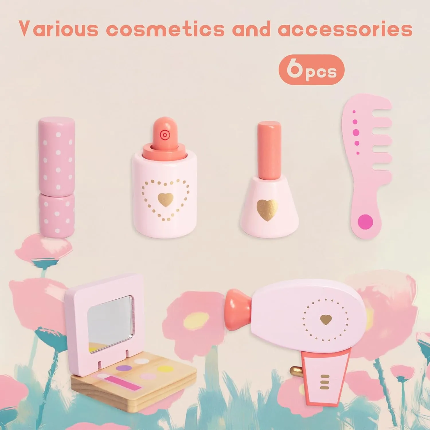 Wooden Vanity Set for Kids, Pretend Play Toddler Makeup Vanity Table Toys with 360° Rotatable Mirror, Beauty Salon Set Includes Makeup Accessories, Little Girls Gift Age 3  (Pink)