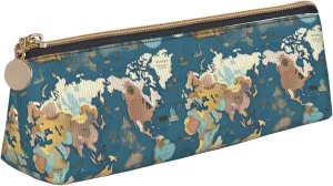World Map Pattern Triangle Leather Case Pouch with Spacious Interior, Zipper Closure for Writing Tools, Office, White, One Size, Make-Up Pouch